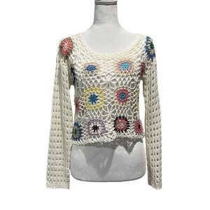Debut Crochet Sweater Womens XS Cream Excellent Granny Square Floral Boho W9409